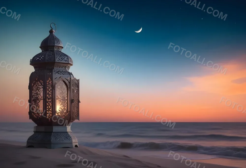 Digital Painting A Highly Detailed Ornate Metal Lantern With Intricate Carvings Set Against A Backdrop Of A Twilight Sky With A Crescent Moon Over The Ocean Bold And Slim Lines Brush Strokes 4 5516