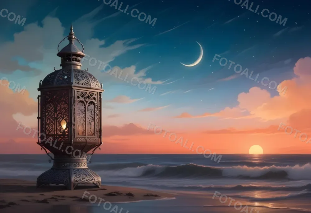 Digital Painting A Highly Detailed Ornate Metal Lantern With Intricate Carvings Set Against A Backdrop Of A Twilight Sky With A Crescent Moon Over The Ocean Bold And Slim Lines Brush Strokes 5 498d