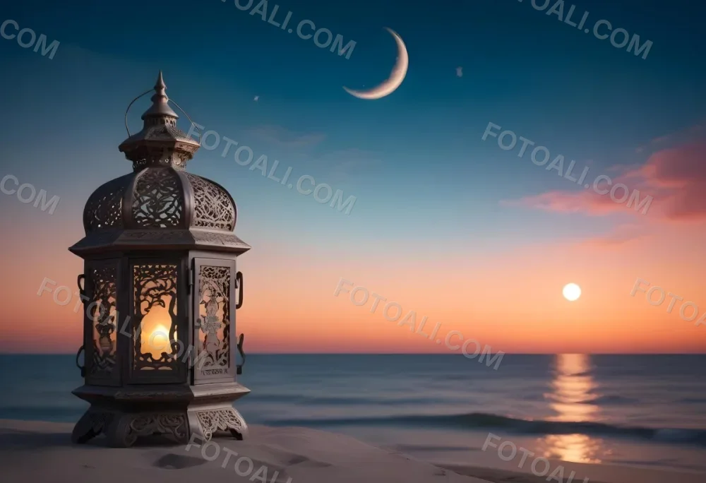 Digital Painting A Highly Detailed Ornate Metal Lantern With Intricate Carvings Set Against A Backdrop Of A Twilight Sky With A Crescent Moon Over The Ocean Bold And Slim Lines Brush Strokes 6 D96e