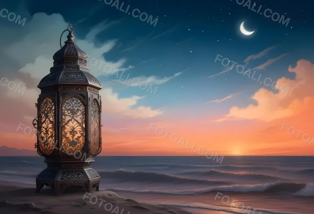 Digital Painting A Highly Detailed Ornate Metal Lantern With Intricate Carvings Set Against A Backdrop Of A Twilight Sky With A Crescent Moon Over The Ocean Bold And Slim Lines Brush Strokes 7 Df2d