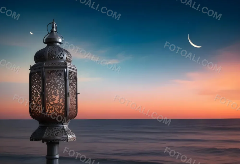 Digital Painting A Highly Detailed Ornate Metal Lantern With Intricate Carvings Set Against A Backdrop Of A Twilight Sky With A Crescent Moon Over The Ocean Bold And Slim Lines Brush Strokes 8 D9ce