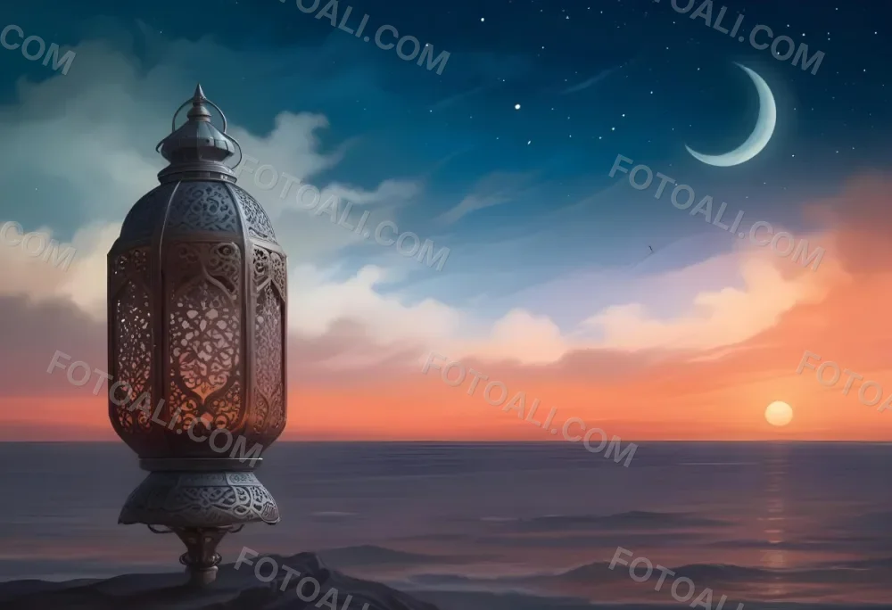 Digital Painting A Highly Detailed Ornate Metal Lantern With Intricate Carvings Set Against A Backdrop Of A Twilight Sky With A Crescent Moon Over The Ocean Bold And Slim Lines Brush Strokes 9 3a73