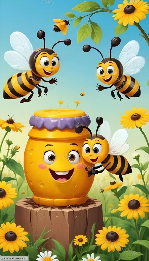 Digital Painting A Honey Pot With A Face And Three Cartoon Bees In A Flower Field Bold And Slim Lines Brush Strokes 1 C13b