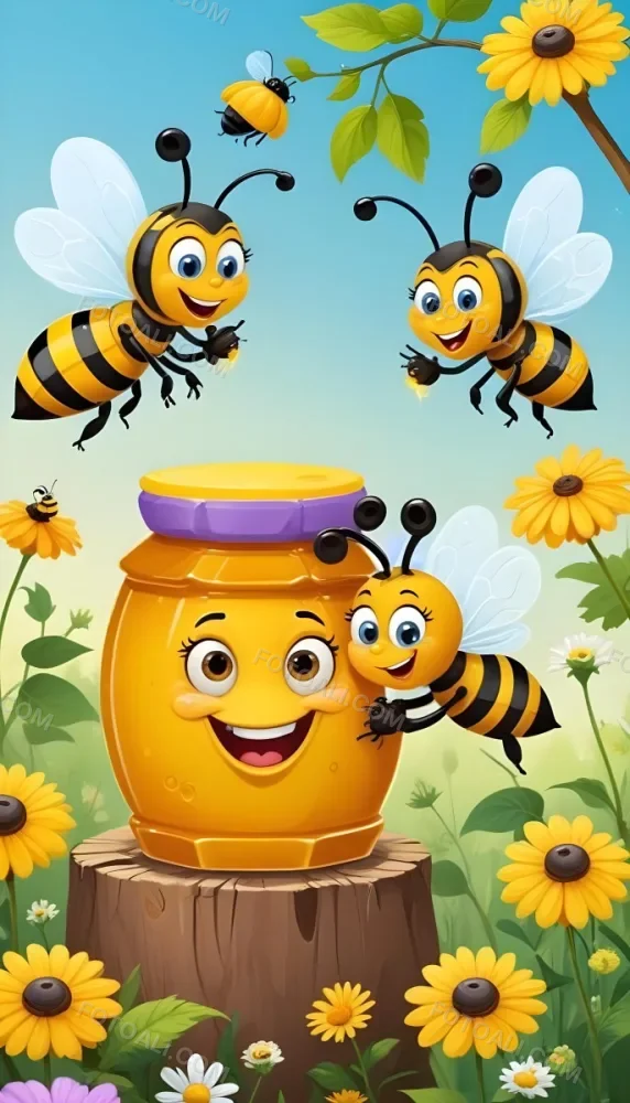 Digital Painting A Honey Pot With A Face And Three Cartoon Bees In A Flower Field Bold And Slim Lines Brush Strokes 4 Cff6