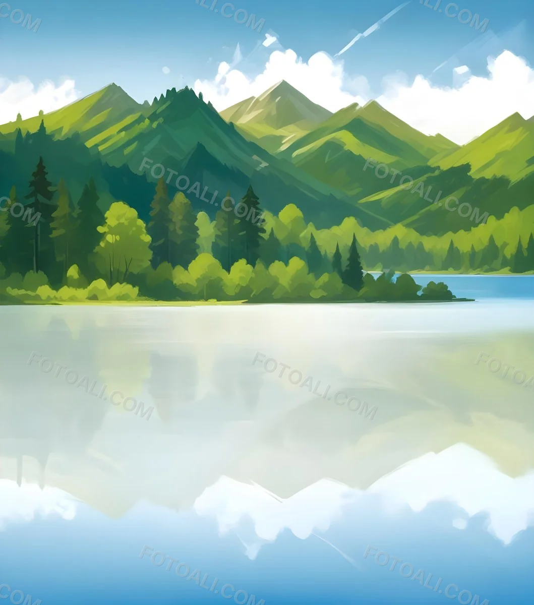 Digital Painting A Lake With Trees And Mountains In The Background The Water Reflects The Clouds The Sky Is Blue With Some Clouds Sunny Day Bold And Slim Lines Brush Strokes 1 E2bd