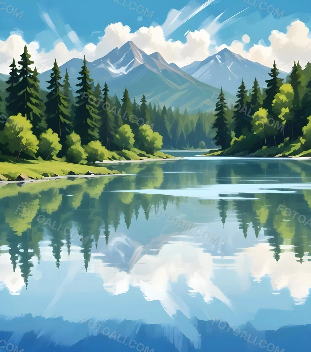 Digital Painting A Lake With Trees And Mountains In The Background The Water Reflects The Clouds The Sky Is Blue With Some Clouds Sunny Day Bold And Slim Lines Brush Strokes 10 5d41
