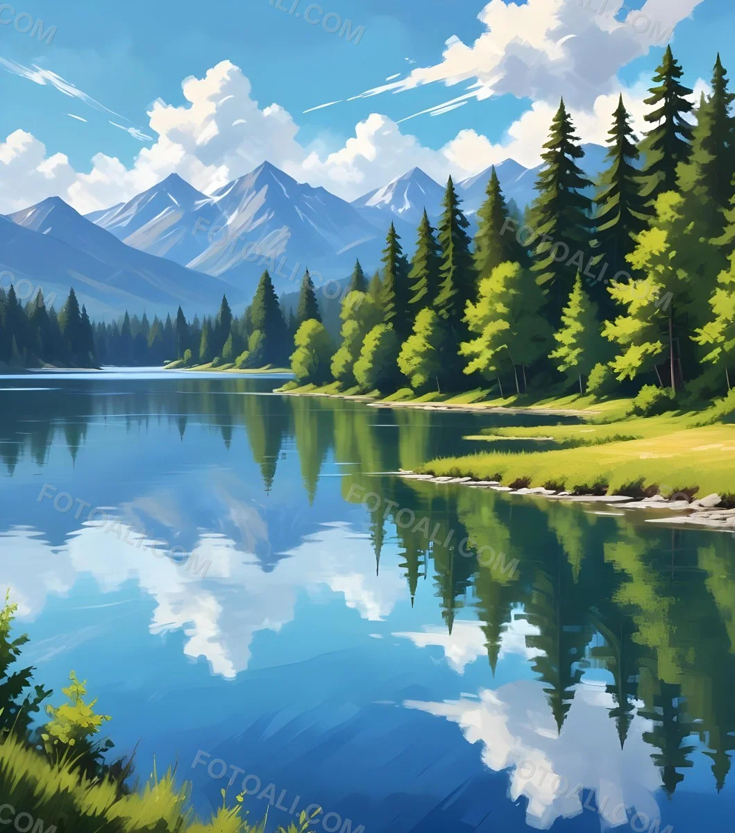 Digital Painting A Lake With Trees And Mountains In The Background The Water Reflects The Clouds The Sky Is Blue With Some Clouds Sunny Day Bold And Slim Lines Brush Strokes 12 7c15