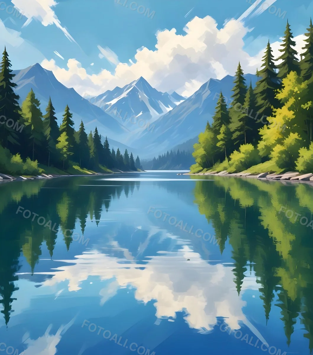 Digital Painting A Lake With Trees And Mountains In The Background The Water Reflects The Clouds The Sky Is Blue With Some Clouds Sunny Day Bold And Slim Lines Brush Strokes 14 23ec