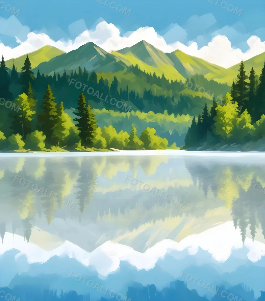 Digital Painting A Lake With Trees And Mountains In The Background The Water Reflects The Clouds The Sky Is Blue With Some Clouds Sunny Day Bold And Slim Lines Brush Strokes 16 63d8