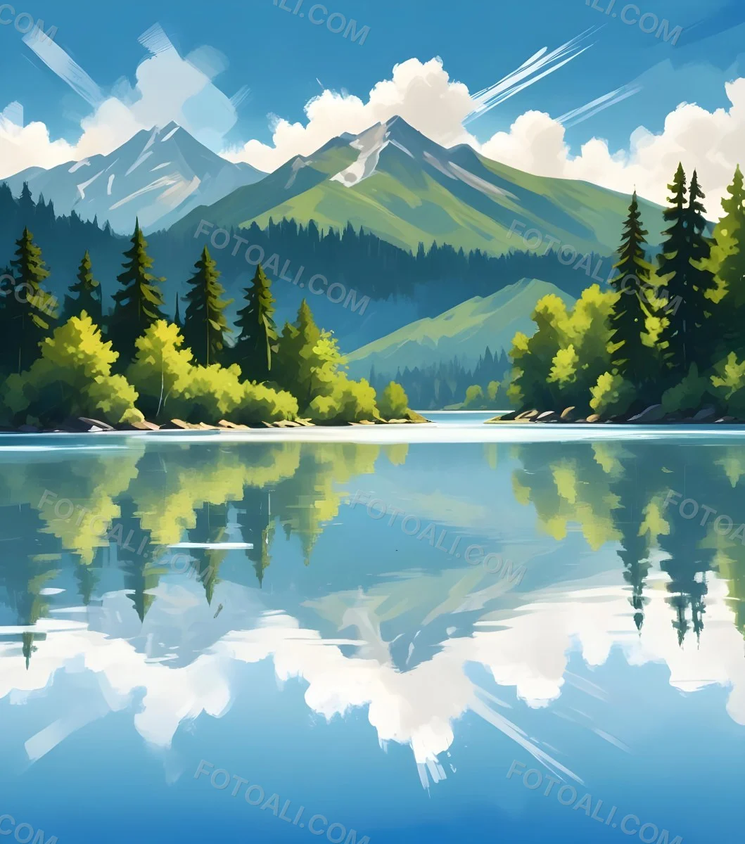Digital Painting A Lake With Trees And Mountains In The Background The Water Reflects The Clouds The Sky Is Blue With Some Clouds Sunny Day Bold And Slim Lines Brush Strokes 19 6ea1