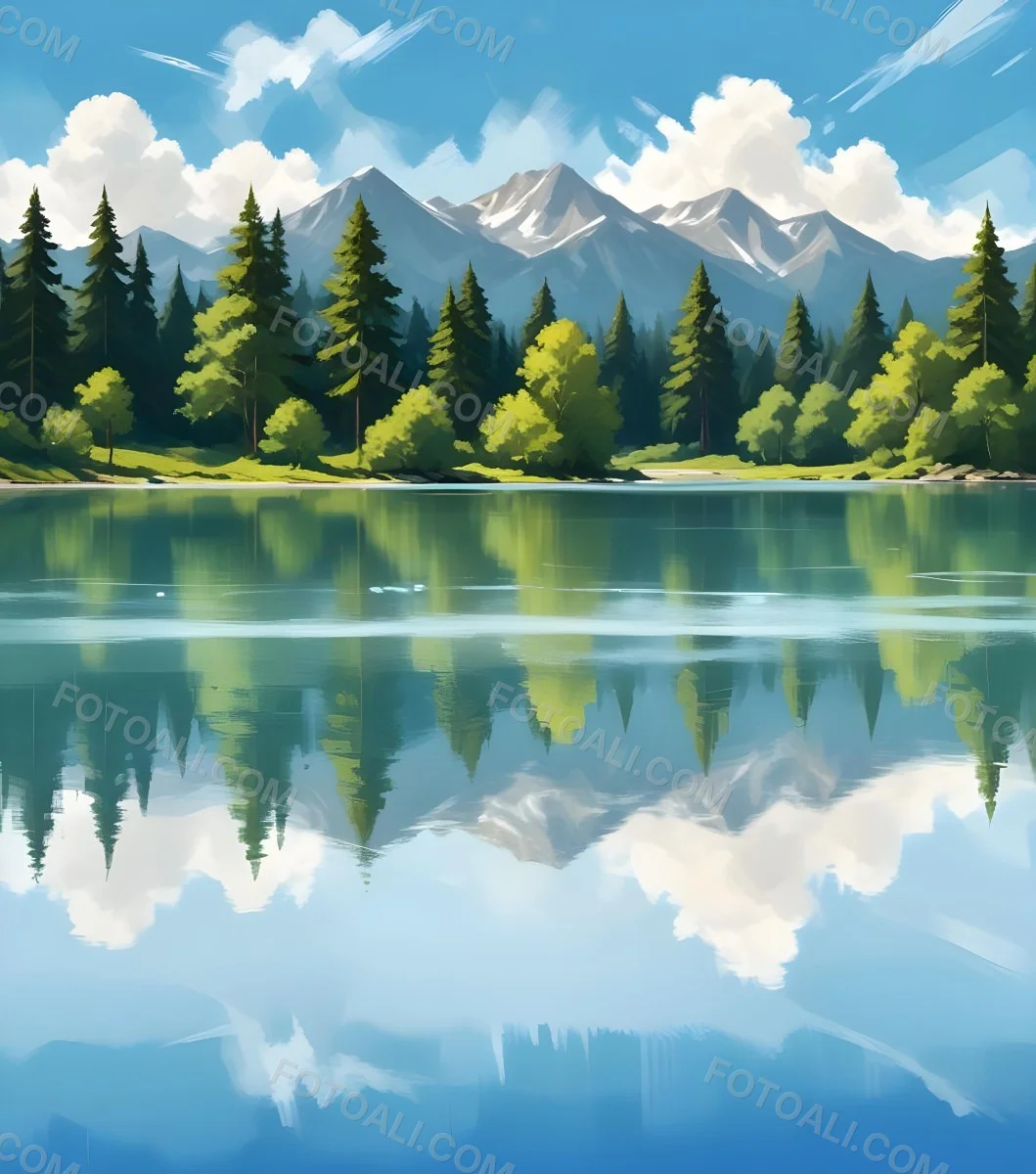 Digital Painting A Lake With Trees And Mountains In The Background The Water Reflects The Clouds The Sky Is Blue With Some Clouds Sunny Day Bold And Slim Lines Brush Strokes 23 6d3c