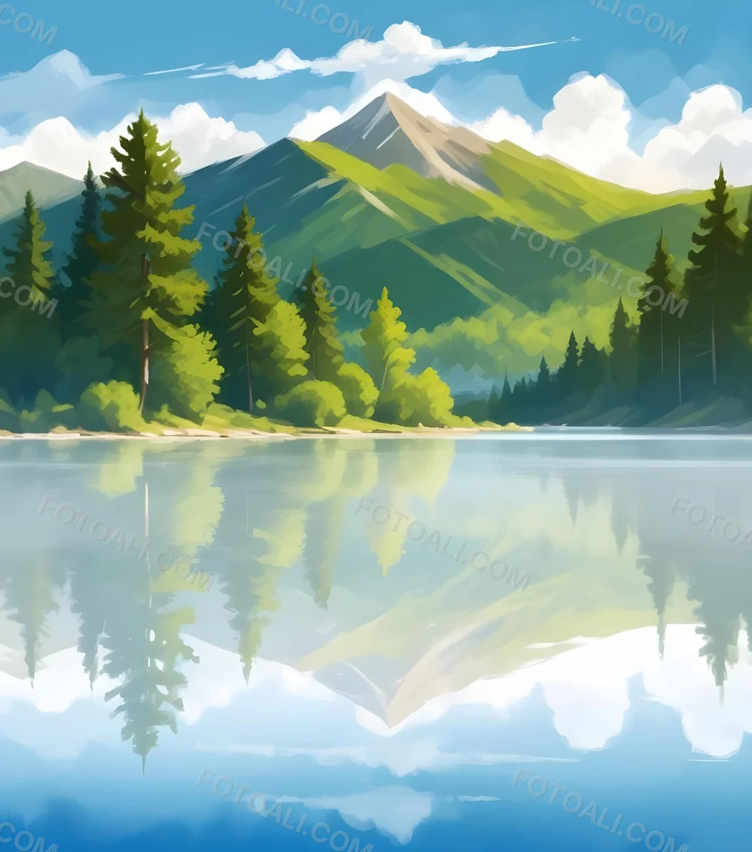 Digital Painting A Lake With Trees And Mountains In The Background The Water Reflects The Clouds The Sky Is Blue With Some Clouds Sunny Day Bold And Slim Lines Brush Strokes 25 6c44
