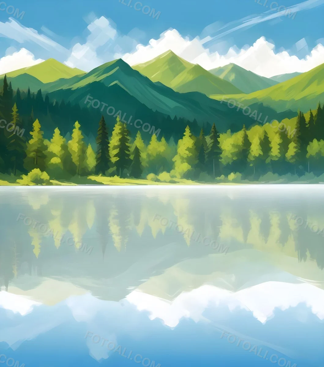 Digital Painting A Lake With Trees And Mountains In The Background The Water Reflects The Clouds The Sky Is Blue With Some Clouds Sunny Day Bold And Slim Lines Brush Strokes 4 B381