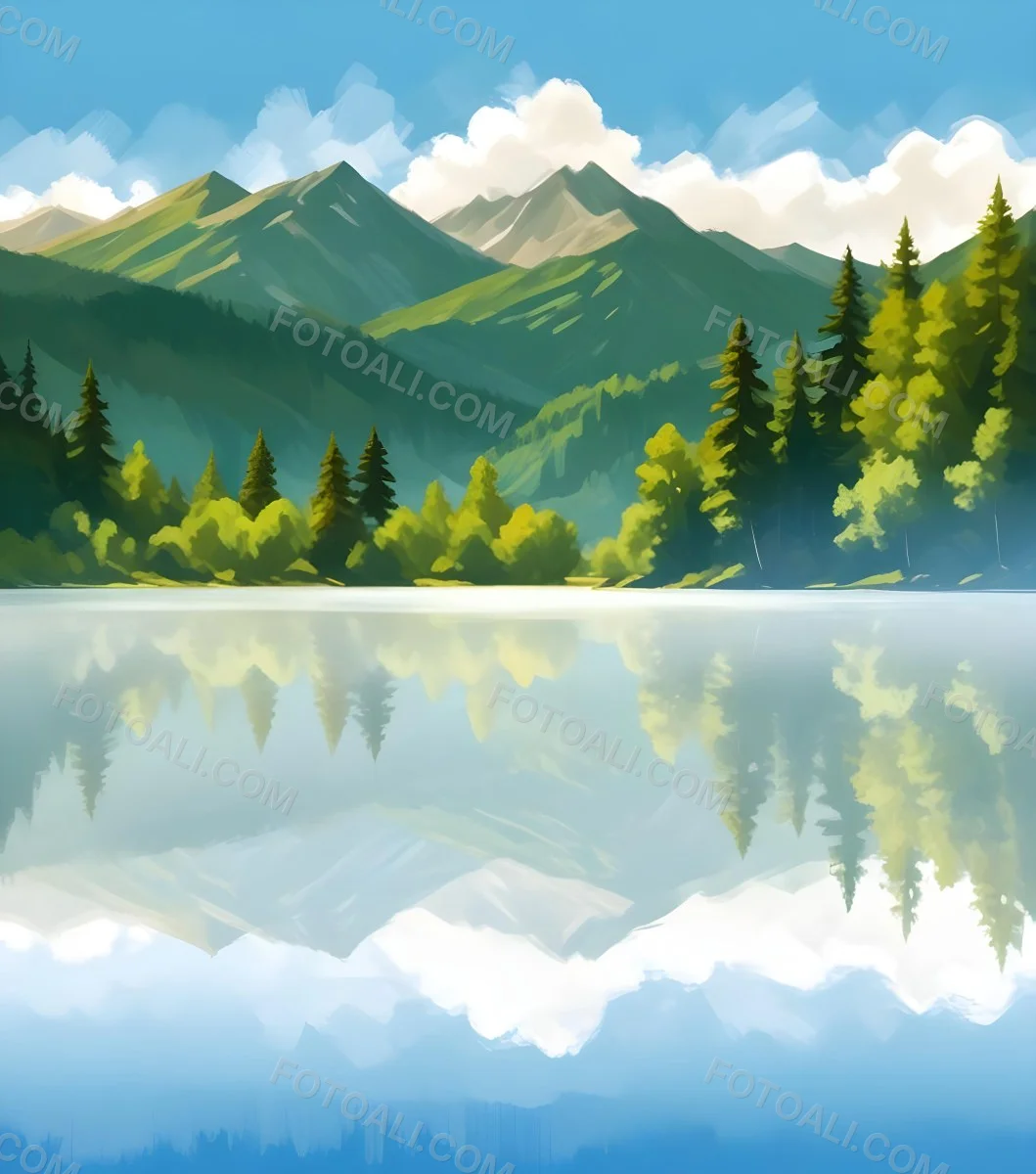 Digital Painting A Lake With Trees And Mountains In The Background The Water Reflects The Clouds The Sky Is Blue With Some Clouds Sunny Day Bold And Slim Lines Brush Strokes 5 F6d1