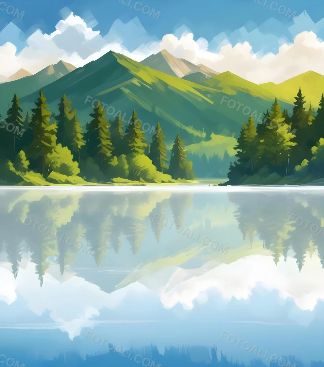 Digital Painting A Lake With Trees And Mountains In The Background The Water Reflects The Clouds The Sky Is Blue With Some Clouds Sunny Day Bold And Slim Lines Brush Strokes 6 810b
