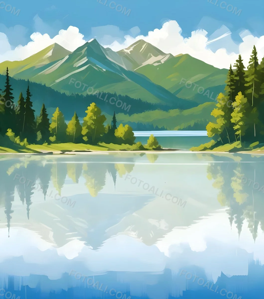 Digital Painting A Lake With Trees And Mountains In The Background The Water Reflects The Clouds The Sky Is Blue With Some Clouds Sunny Day Bold And Slim Lines Brush Strokes 7 946d