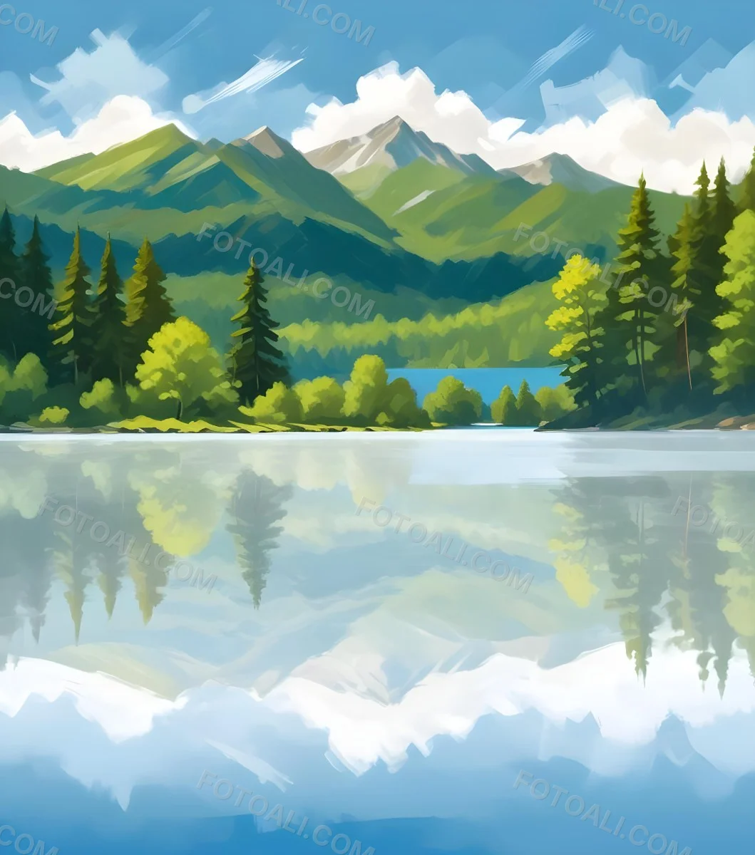 Digital Painting A Lake With Trees And Mountains In The Background The Water Reflects The Clouds The Sky Is Blue With Some Clouds Sunny Day Bold And Slim Lines Brush Strokes 9 E35f