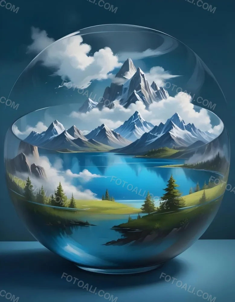 Digital Painting A Landscape With Mountains And A Lake Inside A Glass Bowl Clouds On Top Of The Bowl Blue Background Bold And Slim Lines Brush Strokes 11 Fe05