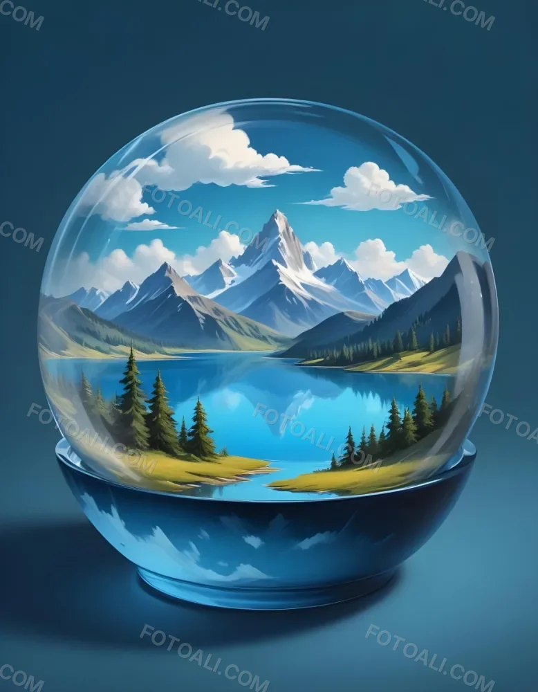 Digital Painting A Landscape With Mountains And A Lake Inside A Glass Bowl Clouds On Top Of The Bowl Blue Background Bold And Slim Lines Brush Strokes 15 5ebb