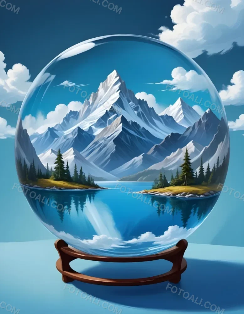 Digital Painting A Landscape With Mountains And A Lake Inside A Glass Bowl Clouds On Top Of The Bowl Blue Background Bold And Slim Lines Brush Strokes 2 0a50