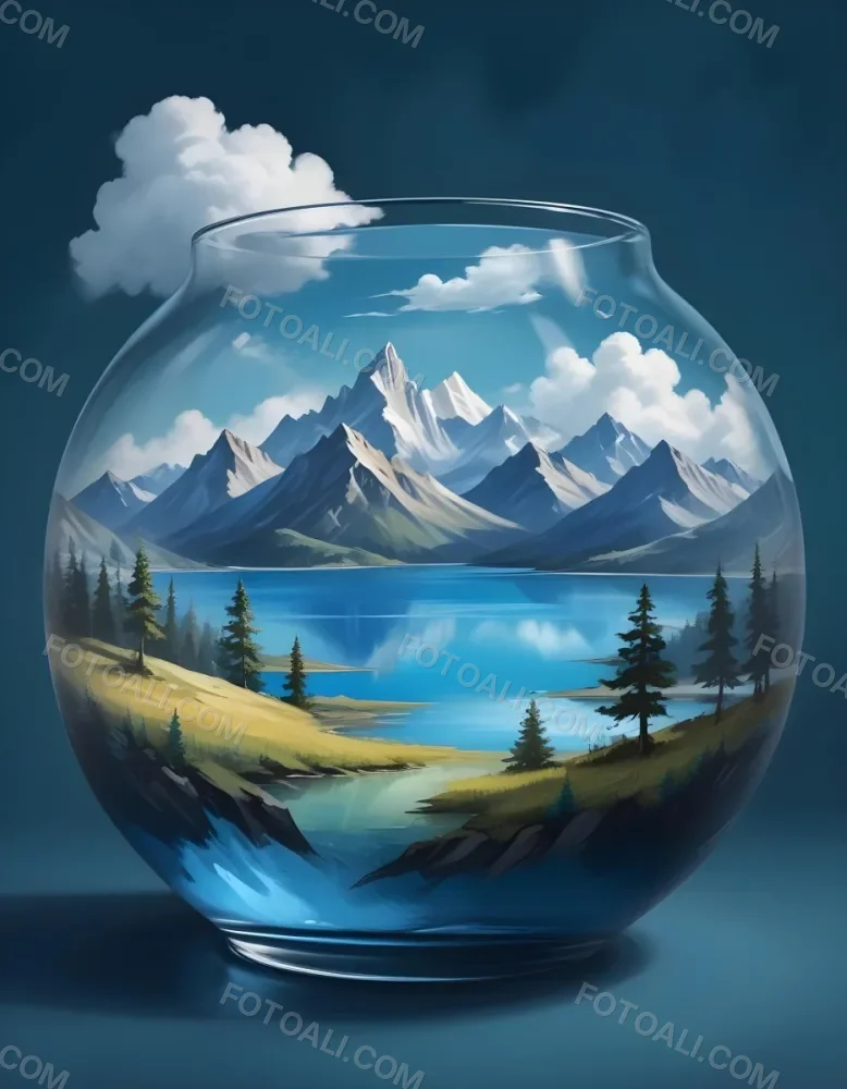 Digital Painting A Landscape With Mountains And A Lake Inside A Glass Bowl Clouds On Top Of The Bowl Blue Background Bold And Slim Lines Brush Strokes 20 239f