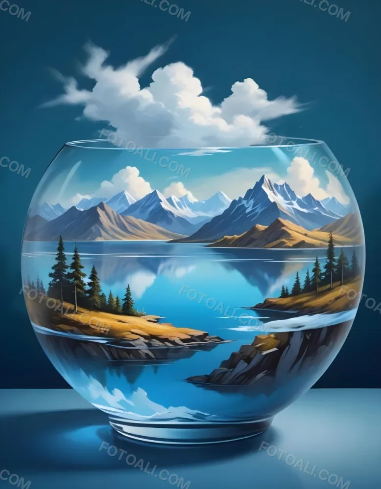 Digital Painting A Landscape With Mountains And A Lake Inside A Glass Bowl Clouds On Top Of The Bowl Blue Background Bold And Slim Lines Brush Strokes 25 082c