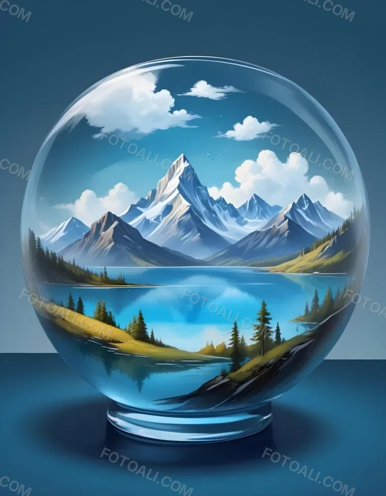 Digital Painting A Landscape With Mountains And A Lake Inside A Glass Bowl Clouds On Top Of The Bowl Blue Background Bold And Slim Lines Brush Strokes 27 E6a5