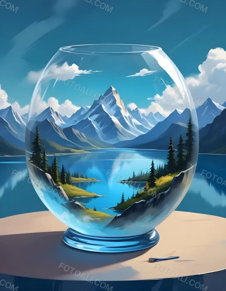 Digital Painting A Landscape With Mountains And A Lake Inside A Glass Bowl Clouds On Top Of The Bowl Blue Background Bold And Slim Lines Brush Strokes 29 46c6