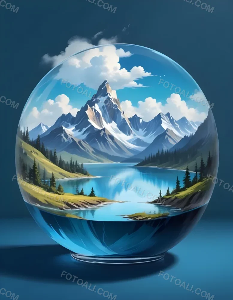 Digital Painting A Landscape With Mountains And A Lake Inside A Glass Bowl Clouds On Top Of The Bowl Blue Background Bold And Slim Lines Brush Strokes 3 Bda1