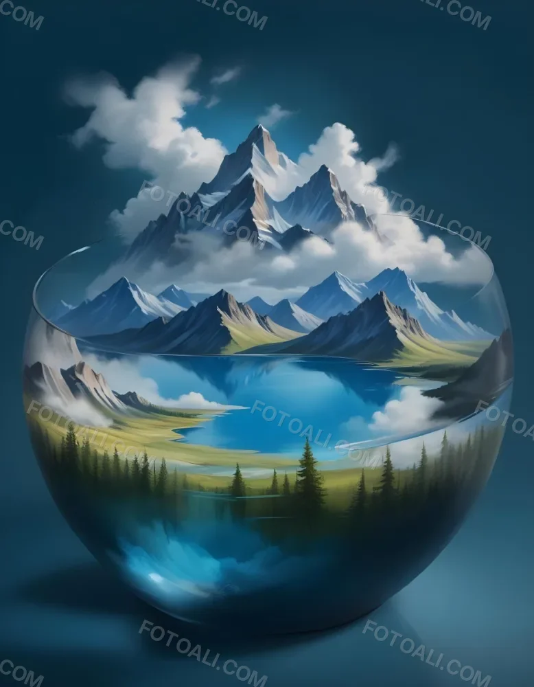 Digital Painting A Landscape With Mountains And A Lake Inside A Glass Bowl Clouds On Top Of The Bowl Blue Background Bold And Slim Lines Brush Strokes 6 B2e1