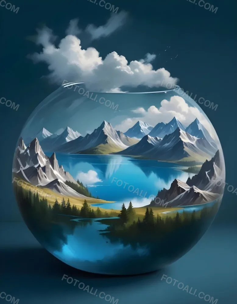 Digital Painting A Landscape With Mountains And A Lake Inside A Glass Bowl Clouds On Top Of The Bowl Blue Background Bold And Slim Lines Brush Strokes 8 Fdae