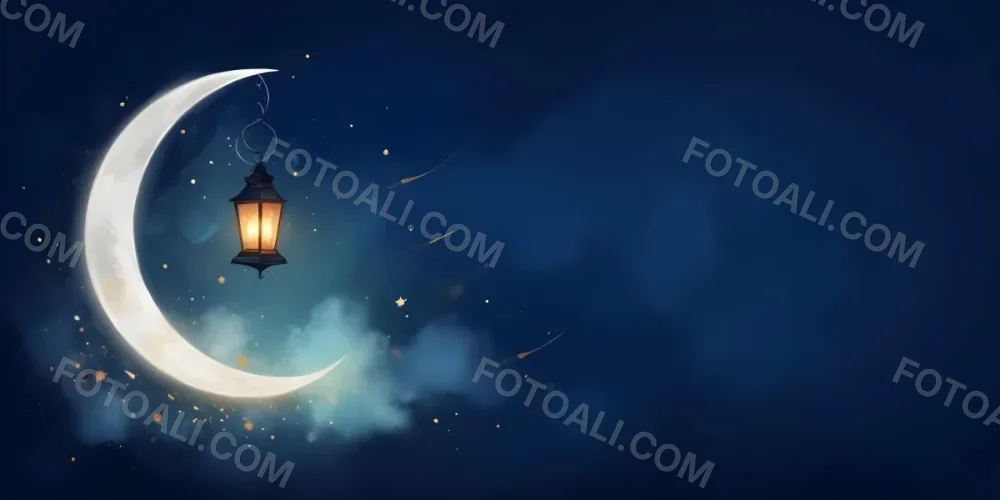 Digital Painting A Lantern Hanging From The Top Left Corner Over A Crescent Moon With Stars And Bokeh Lights On A Dark Blue Background Bold And Slim Lines Brush Strokes 10 E23c
