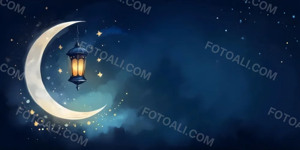 Digital Painting A Lantern Hanging From The Top Left Corner Over A Crescent Moon With Stars And Bokeh Lights On A Dark Blue Background Bold And Slim Lines Brush Strokes 15 7879