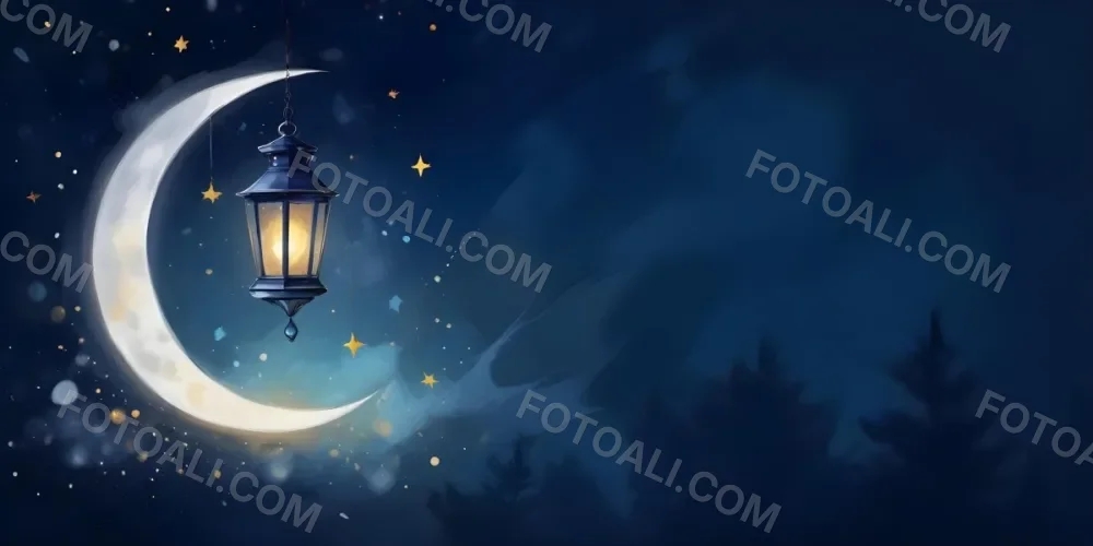 Digital Painting A Lantern Hanging From The Top Left Corner Over A Crescent Moon With Stars And Bokeh Lights On A Dark Blue Background Bold And Slim Lines Brush Strokes 16 00e3