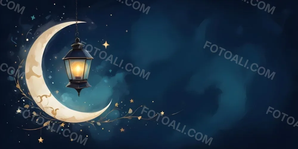 Digital Painting A Lantern Hanging From The Top Left Corner Over A Crescent Moon With Stars And Bokeh Lights On A Dark Blue Background Bold And Slim Lines Brush Strokes 19 780f