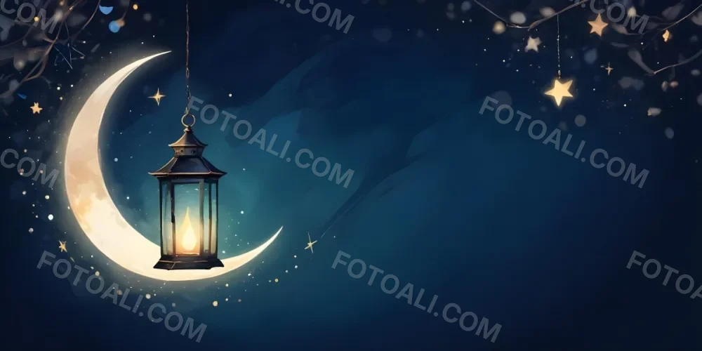 Digital Painting A Lantern Hanging From The Top Left Corner Over A Crescent Moon With Stars And Bokeh Lights On A Dark Blue Background Bold And Slim Lines Brush Strokes 2 5ee3
