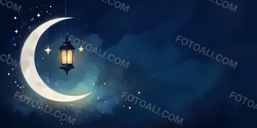 Digital Painting A Lantern Hanging From The Top Left Corner Over A Crescent Moon With Stars And Bokeh Lights On A Dark Blue Background Bold And Slim Lines Brush Strokes 24 37e5