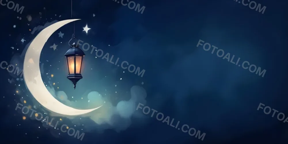 Digital Painting A Lantern Hanging From The Top Left Corner Over A Crescent Moon With Stars And Bokeh Lights On A Dark Blue Background Bold And Slim Lines Brush Strokes 25 Ea34