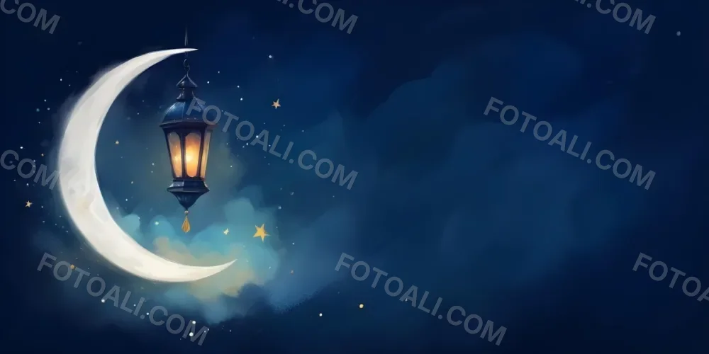 Digital Painting A Lantern Hanging From The Top Left Corner Over A Crescent Moon With Stars And Bokeh Lights On A Dark Blue Background Bold And Slim Lines Brush Strokes 29 B1fc