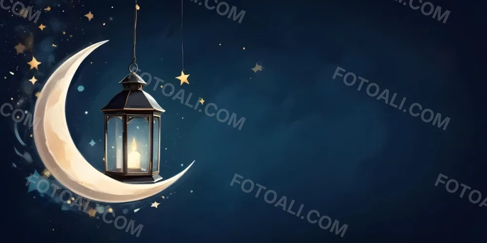 Digital Painting A Lantern Hanging From The Top Left Corner Over A Crescent Moon With Stars And Bokeh Lights On A Dark Blue Background Bold And Slim Lines Brush Strokes 3 Ebca
