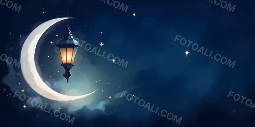 Digital Painting A Lantern Hanging From The Top Left Corner Over A Crescent Moon With Stars And Bokeh Lights On A Dark Blue Background Bold And Slim Lines Brush Strokes 30 7c1f
