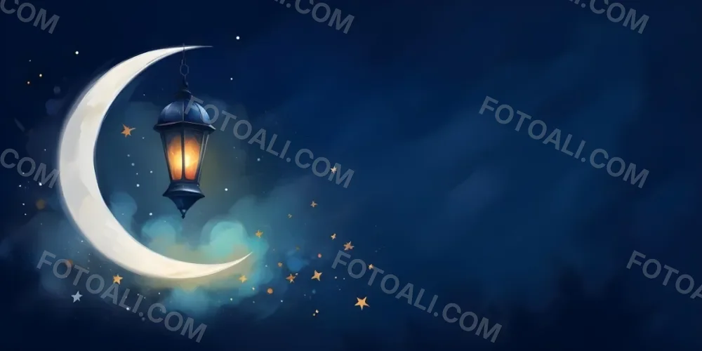 Digital Painting A Lantern Hanging From The Top Left Corner Over A Crescent Moon With Stars And Bokeh Lights On A Dark Blue Background Bold And Slim Lines Brush Strokes 31 2394