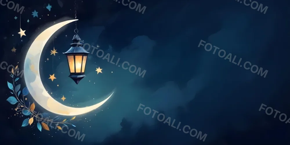 Digital Painting A Lantern Hanging From The Top Left Corner Over A Crescent Moon With Stars And Bokeh Lights On A Dark Blue Background Bold And Slim Lines Brush Strokes 32 2c8a