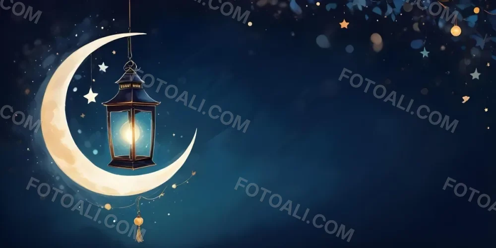 Digital Painting A Lantern Hanging From The Top Left Corner Over A Crescent Moon With Stars And Bokeh Lights On A Dark Blue Background Bold And Slim Lines Brush Strokes 4 B20e