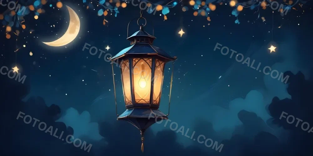 Digital Painting A Lantern Hanging From The Top Left Corner Over A Crescent Moon With Stars And Bokeh Lights On A Dark Blue Background Bold And Slim Lines Brush Strokes 5 Cbe5