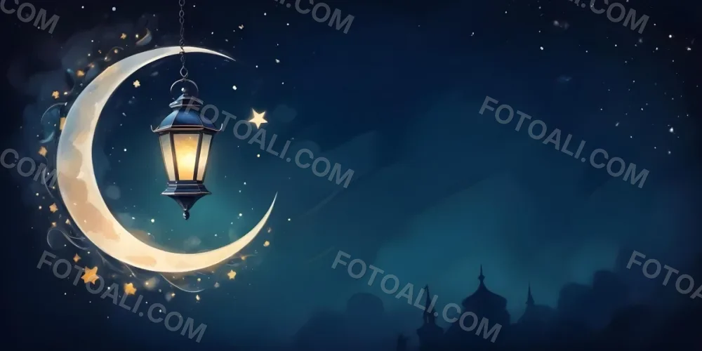 Digital Painting A Lantern Hanging From The Top Left Corner Over A Crescent Moon With Stars And Bokeh Lights On A Dark Blue Background Bold And Slim Lines Brush Strokes 6 2b78