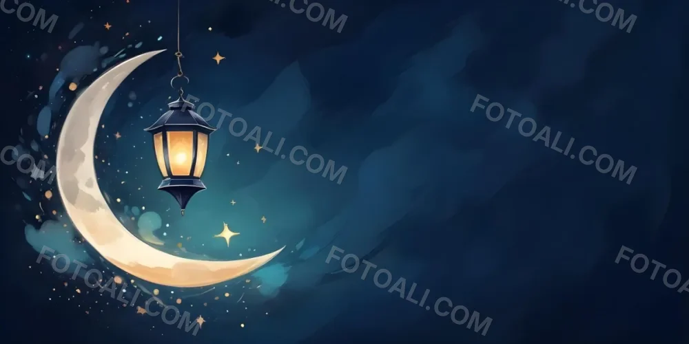 Digital Painting A Lantern Hanging From The Top Left Corner Over A Crescent Moon With Stars And Bokeh Lights On A Dark Blue Background Bold And Slim Lines Brush Strokes 8 29e0