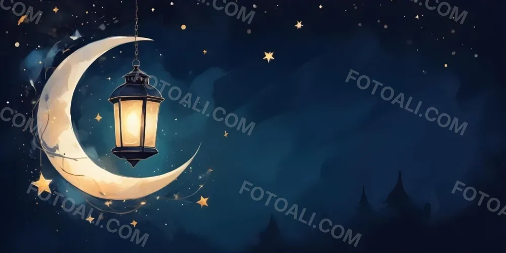 Digital Painting A Lantern Hanging From The Top Left Corner Over A Crescent Moon With Stars And Bokeh Lights On A Dark Blue Background Bold And Slim Lines Brush Strokes 9 Dfe9