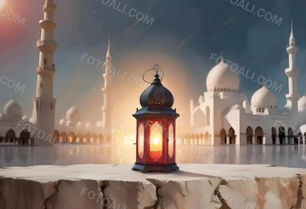 Digital Painting A Lantern On A Stone Surface A Mosque In The Background The Lantern Is White With Red And Yellow Glass The Mosque Is White And Blurred Bold And Slim Lines Brush Strokes 18 232b