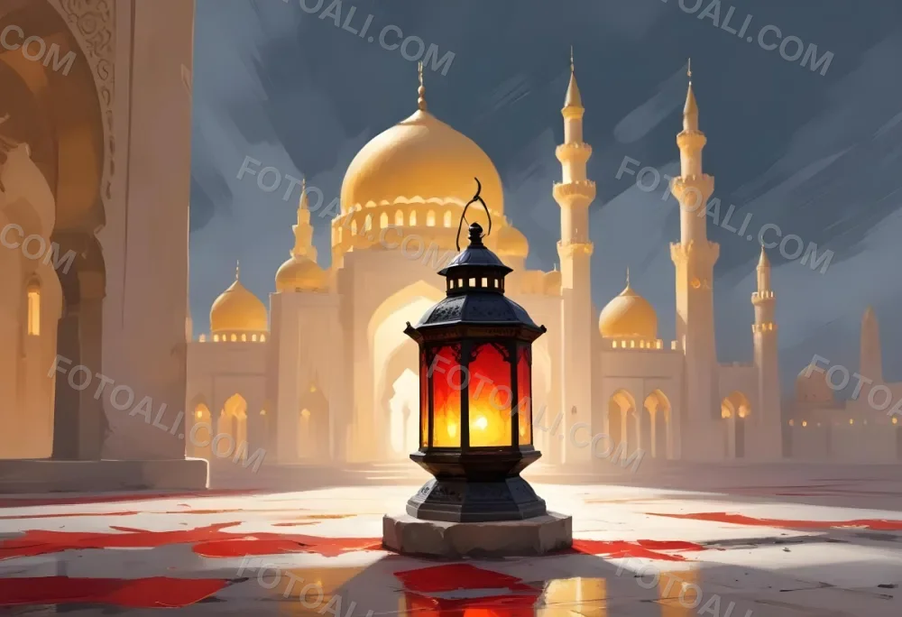 Digital Painting A Lantern On A Stone Surface A Mosque In The Background The Lantern Is White With Red And Yellow Glass The Mosque Is White And Blurred Bold And Slim Lines Brush Strokes 21 D2dd
